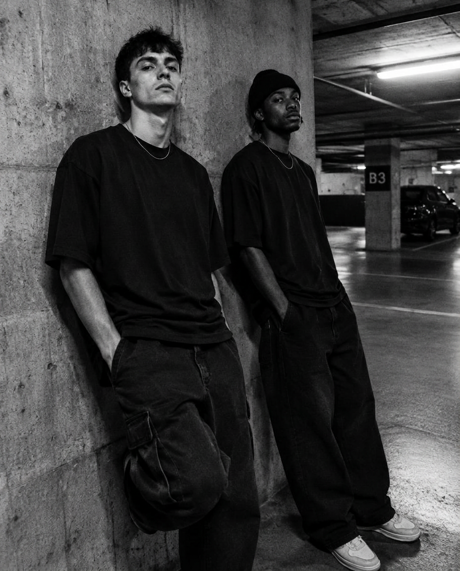 Deux modèles en t-shirts noirs dans un parking
